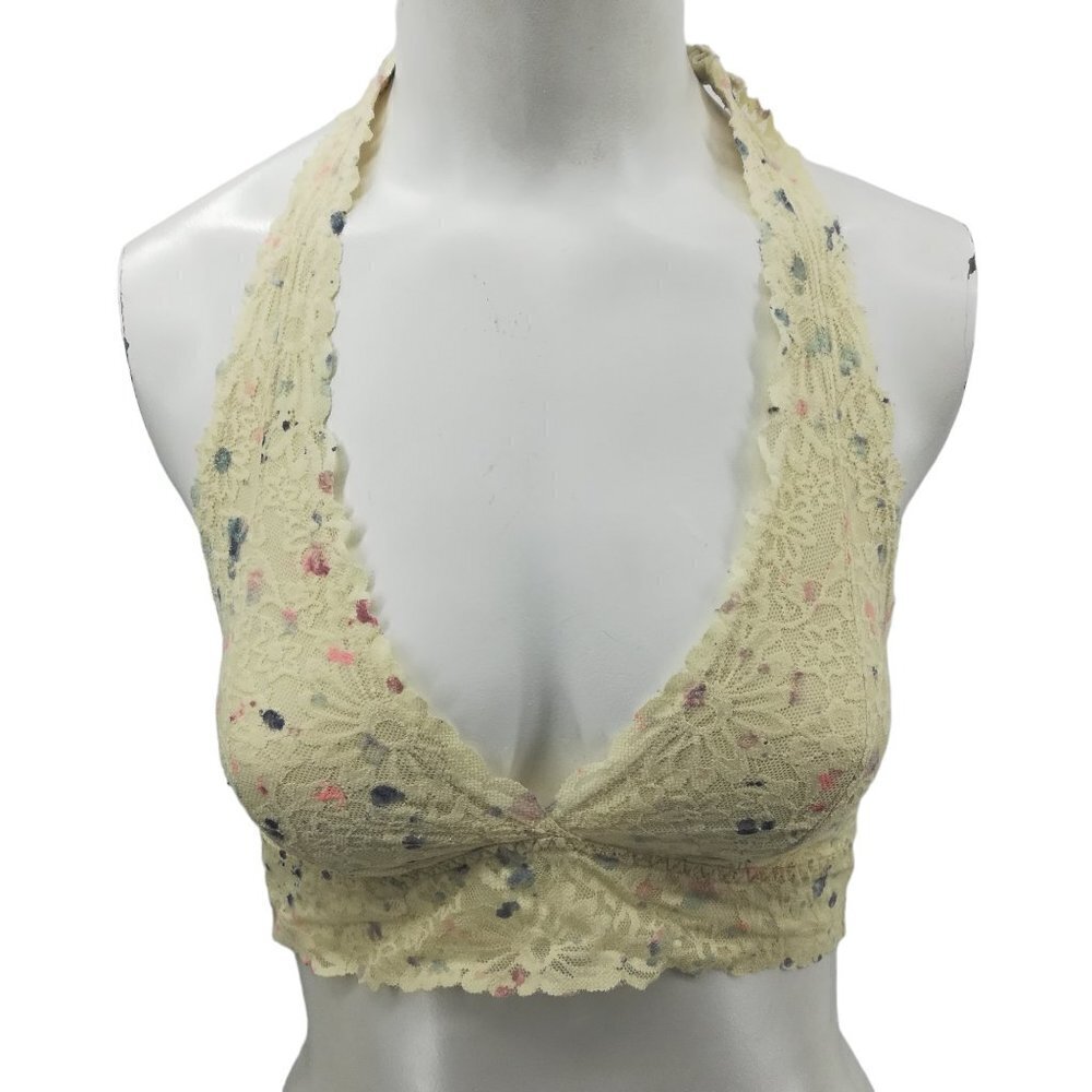 Victorias Secret PINK Lace Halter Floral Bralette Size S Lined Stretch Cream - Picture 4 of 11